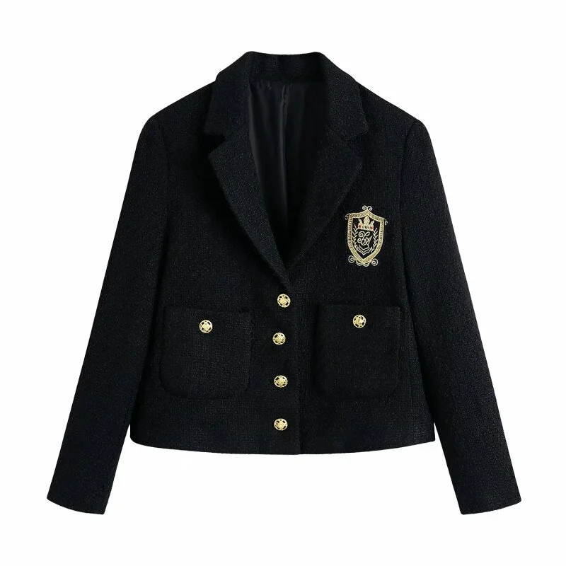 Vintage Elegant Appliques Pockets Cropped Tweed Jacket Women 2021 Fashion Single Breasted Turn-down Collar Short Coat