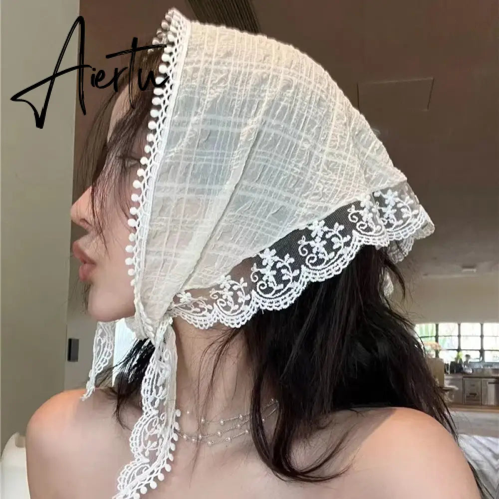 Aiertu Korean Ins Lace Hair Scarf Women Retro Triangle Hair Band Strap Hair Bag Headscarf Hat Travel Photo Headband Turban Accessorie Aiertu