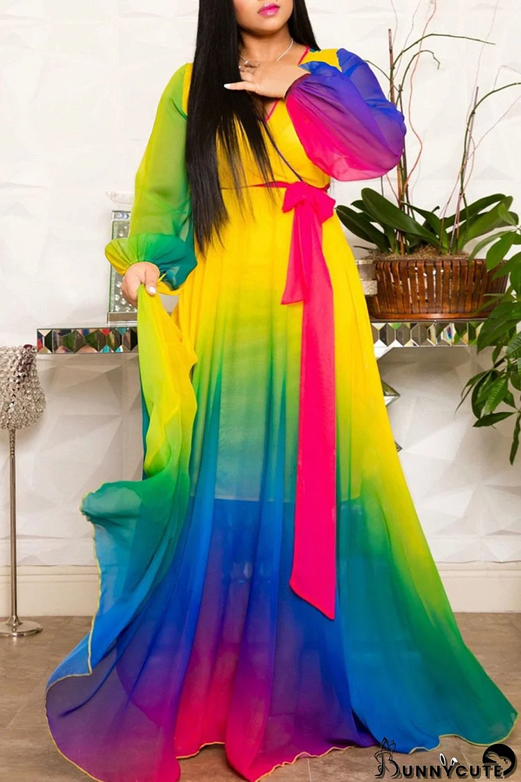 Rainbow Color Casual Elegant Print Patchwork V Neck Straight Dresses