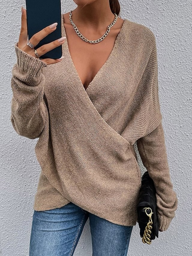 Women's Sweater Pullover Jumper Criss Cross Knitted Solid Color Stylish Casual Long Sleeve Knit Top