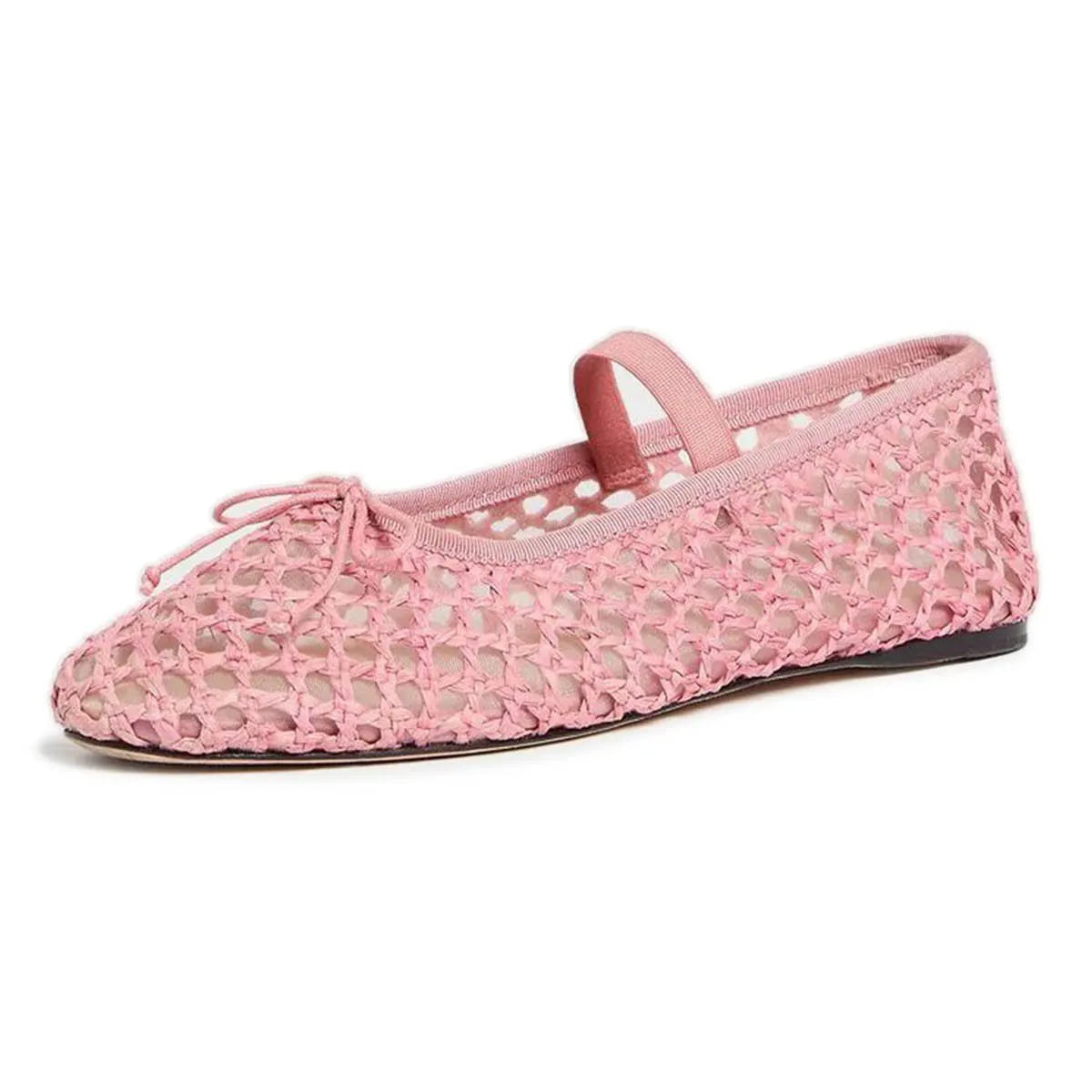 Pink Raffia Round Toe Woven Bow Cut Out Ballet Flats with Straps