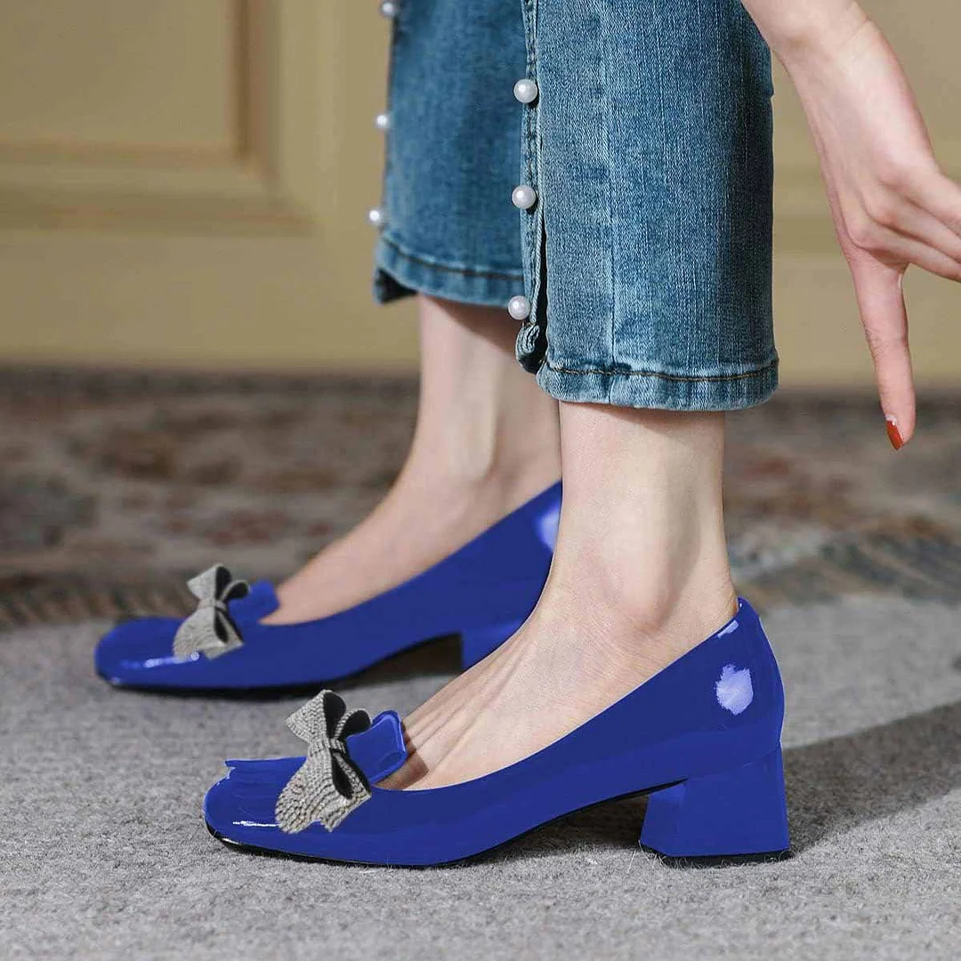 YDN Shiny Blue Rhinestone Bow Square Toe Fringe Low Heel Pumps