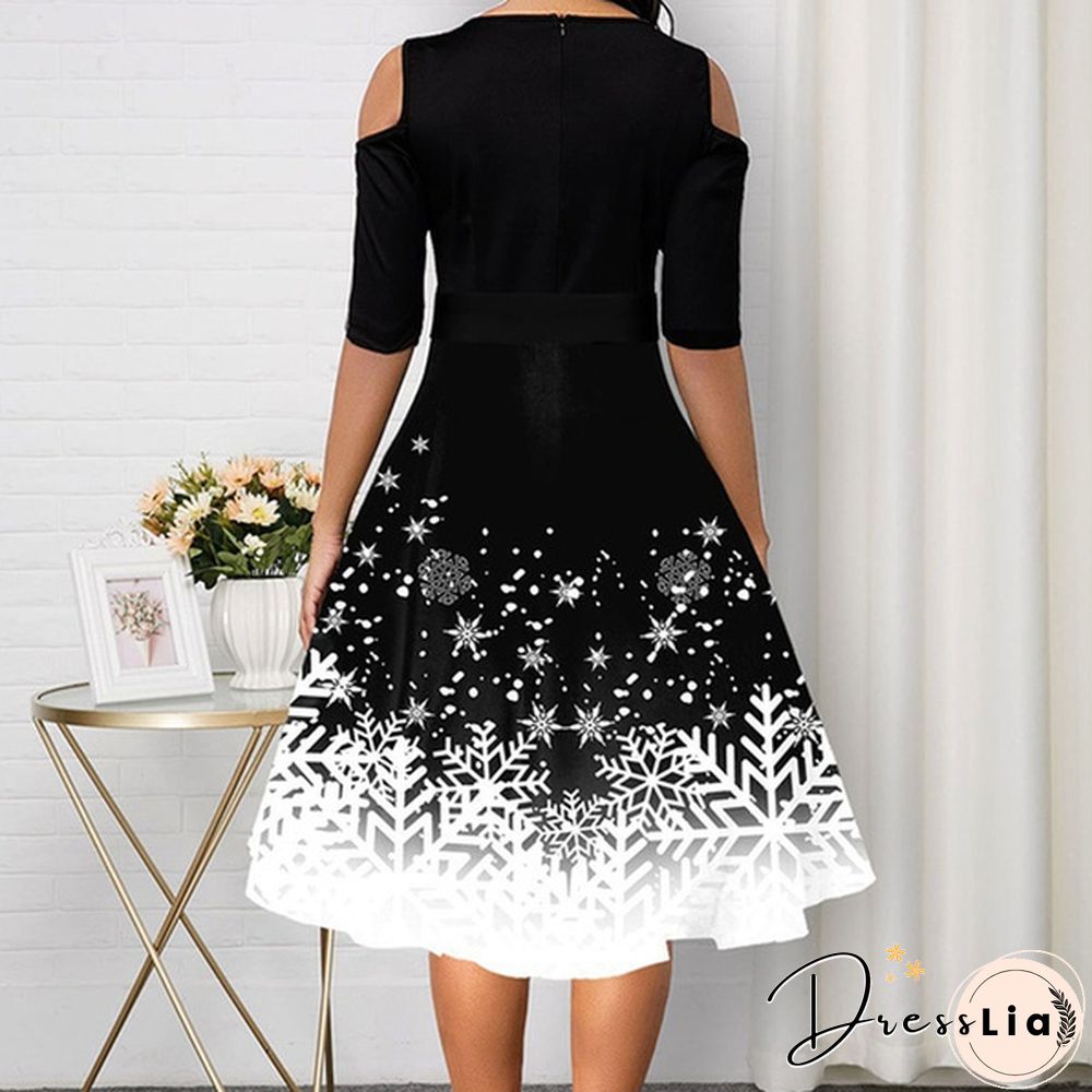 Women Fashion Belted Snowflake Print Christmas Dress Cold Shoulder Round Neck Party Dress Plus Size A-Line Dresses