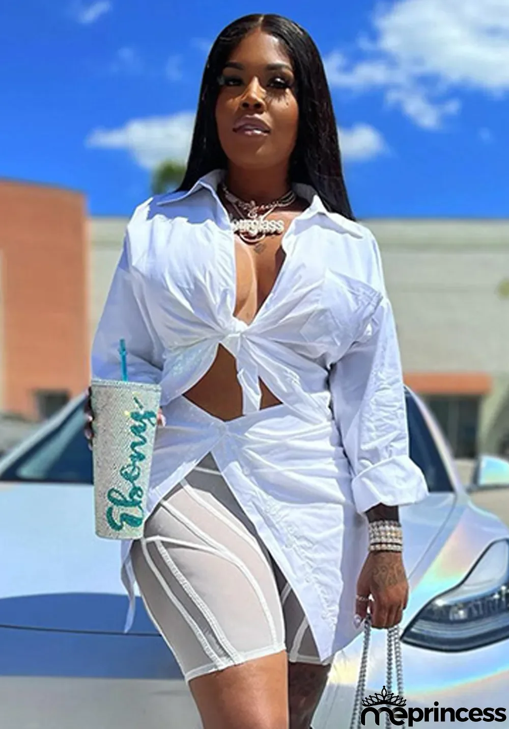Women Spring White Turn-down Collar Full Sleeves Solid Tied Long Shirt
