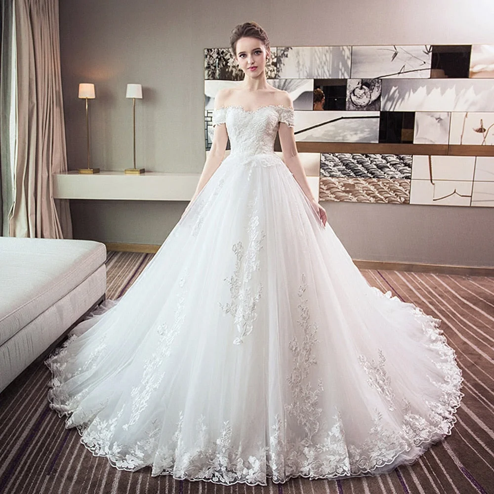 Billlnai  2023  Graduation party  China White Wedding Dresses With Petticoat Vestido De Noiva Boat Neck Short Sleeve Appliques Tulle A-line Bridal Gowns Mariage