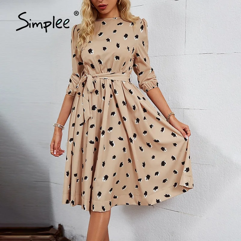 Simplee Elegant A-line polka dot women dress autumn Office lady o-neck belt women midi dresses Half sleeve female purple vestido
