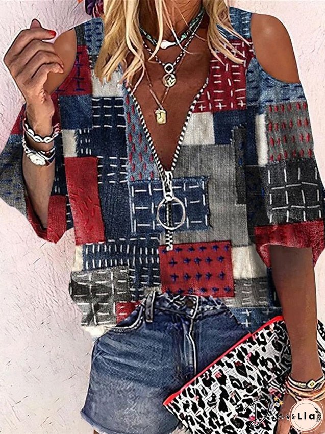 Shirt Blouse Red Blue Green Geometric Cut Out Quarter Zip Long Sleeve Casual Basic V Neck Regular Geometric S for Women