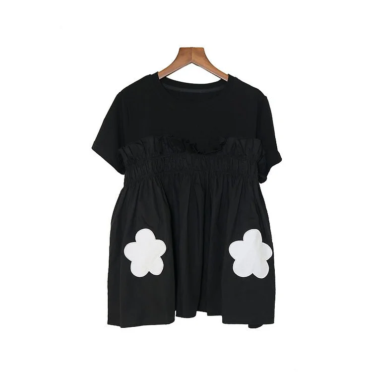 Fashion O-neck Pleated Patchwork Flower Printed Short Sleeve T-shirt    