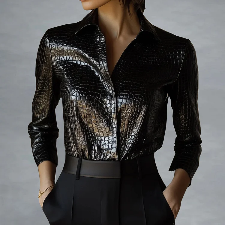 Fashion Shirt Collar Crocodile Embossed PU Leather Blouse