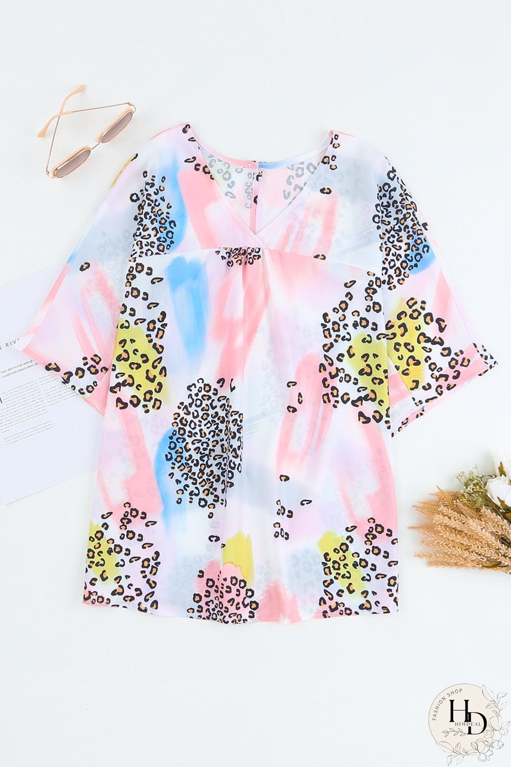 Whimsical Watercolor Animal Print V-Neck Blouse