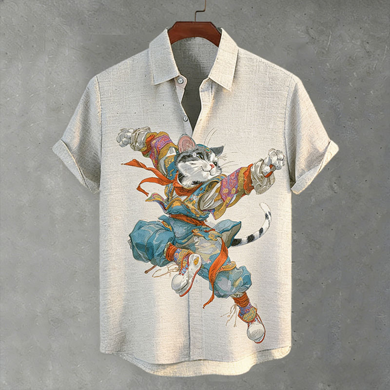 Men's Japanese-style Artistic Cat Print Short-sleeved Shirt  artssus