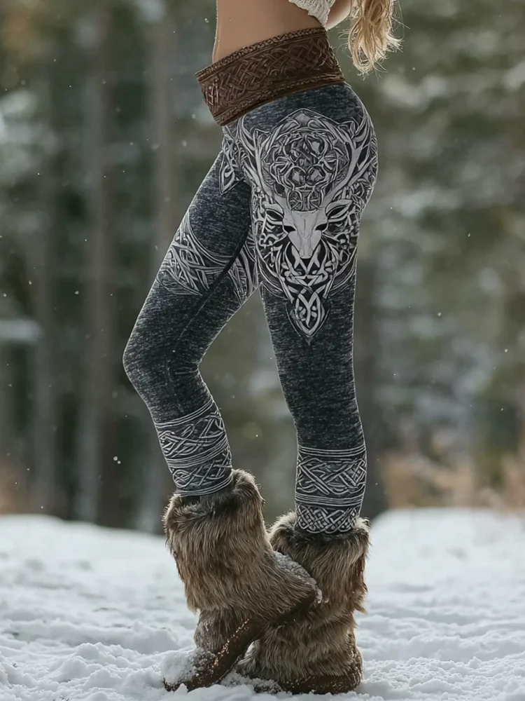 Vintage Viking Celtic Style Deer Pattern Women's Tight-fitting Leggings
