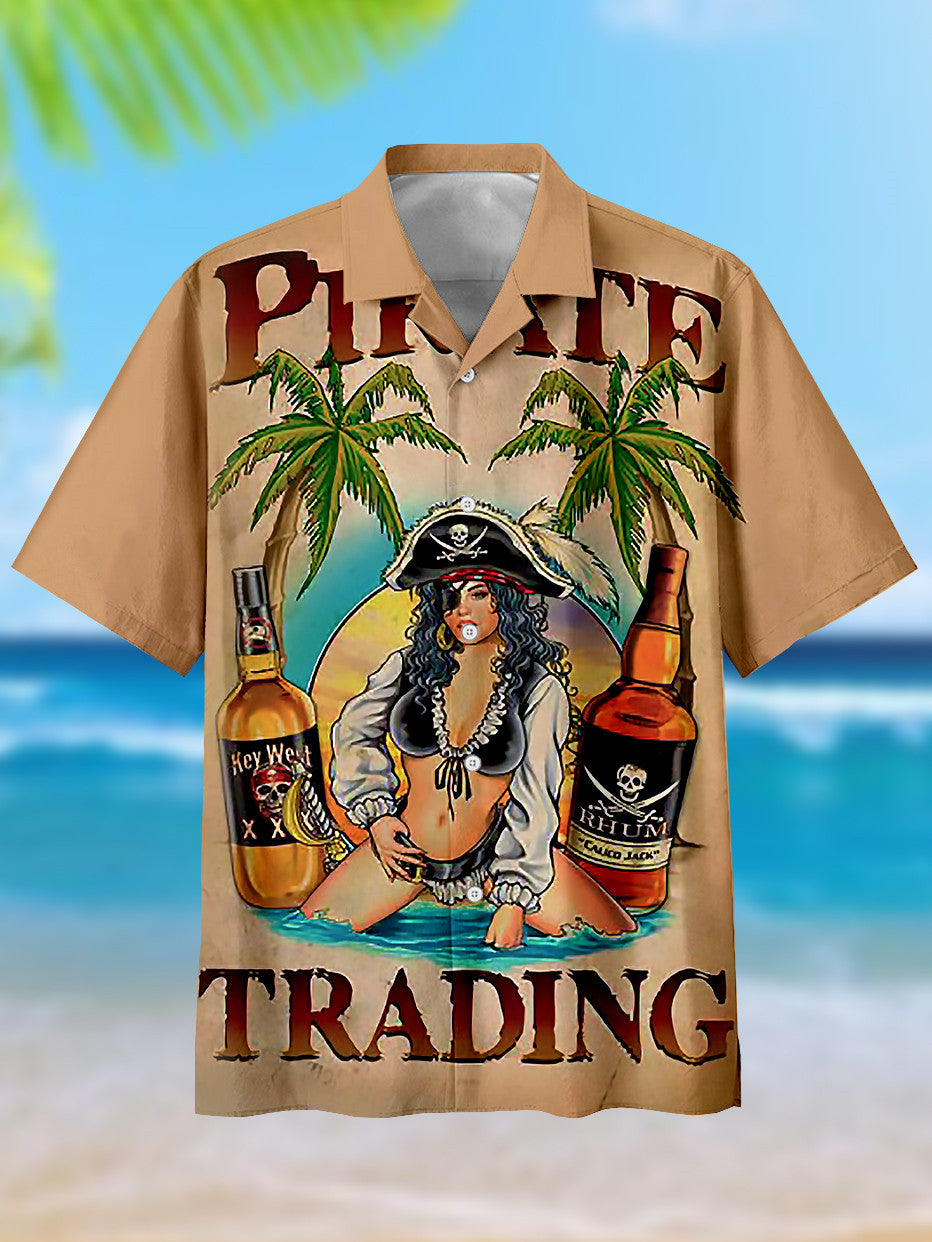 Men's Fly to Hawaii Tiki Vacation Cuban Collar Short Sleeve Shirt PLUSCLOTHESMAN