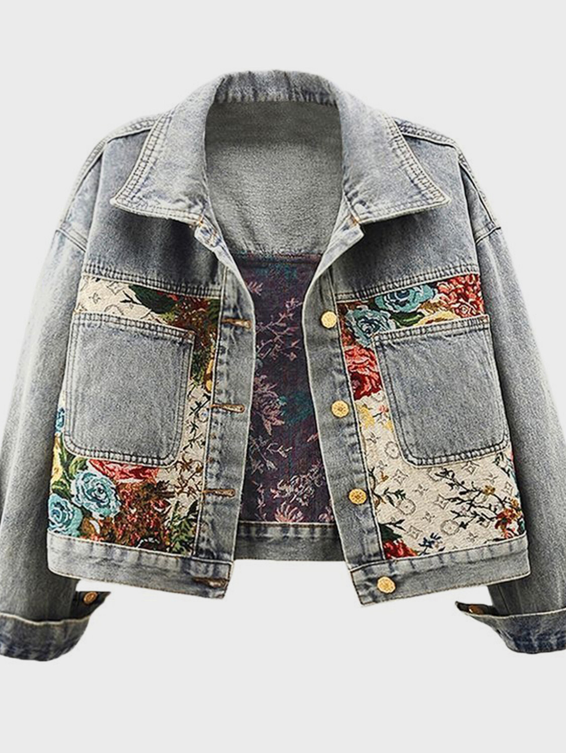 Fashion Floral Plant Pattern Splicing Button Denim Jacket