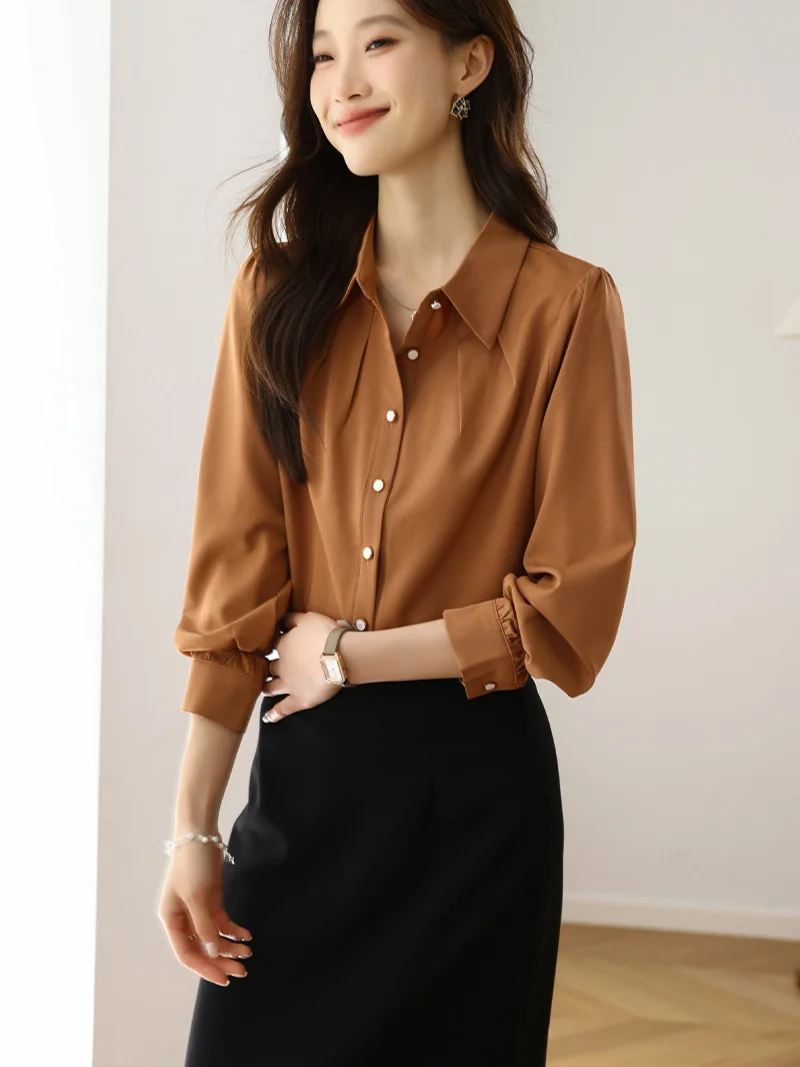 Athvotar Athvotar 2025 New Solid Color Repair Body Clothes Thin Fashion Shirt Elegant Commute OL Chiffon Shirt