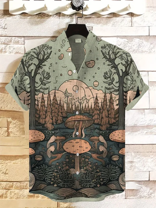 Men's Mushroom Forest Moon Nature Art Print Linen Blend Shirt