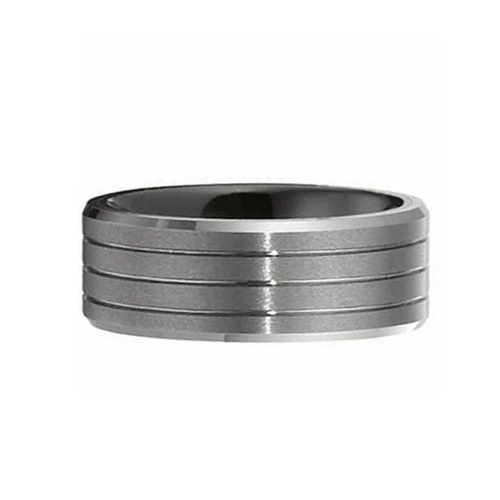 8MM Matte Brushed Mens Grooves Tungsten Carbide Rings Bevel Edge Wedding Band