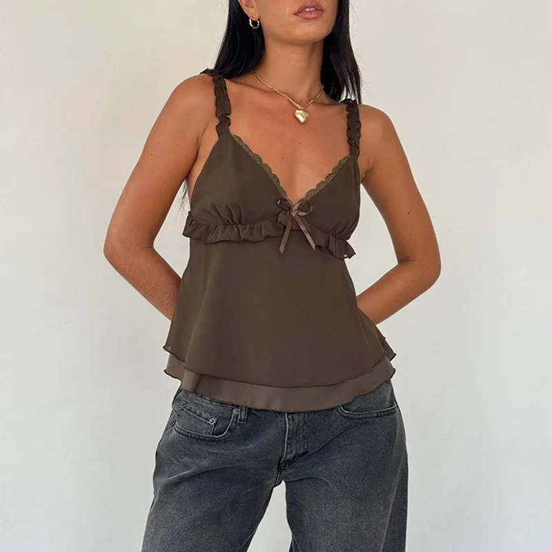 Spaghetti Strap Chiffon Vest Bow Front Ruffled Camisole Women Sweet Crop Tops