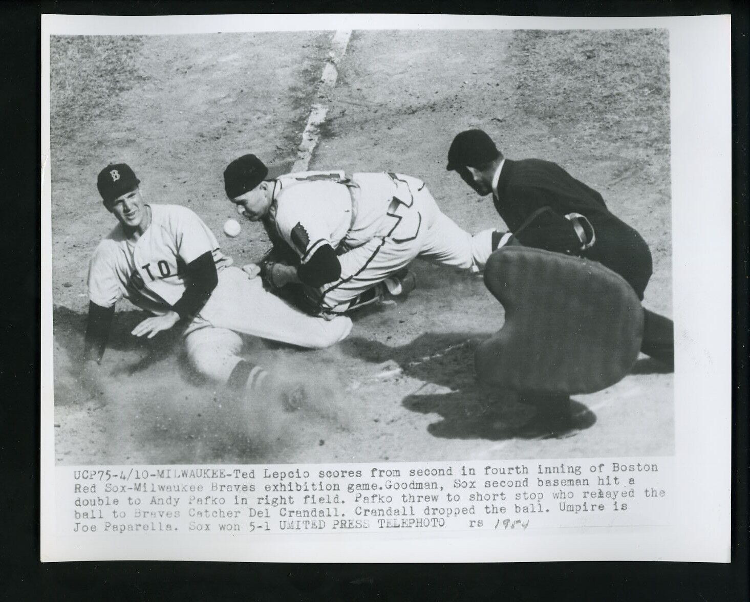 Ted Lepcio Del Crandall Joe Paparella 1954 Press Photo Poster painting Milwaukee Braves Red Sox