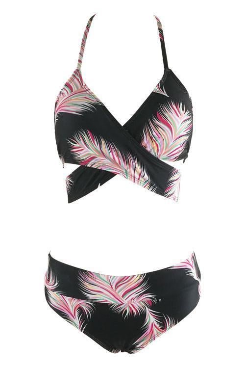 Black Padded Halter Wrap Around Feather Print High Waisted Sexy Bikini Set - Shop Trendy Women's Clothing | LoverChic