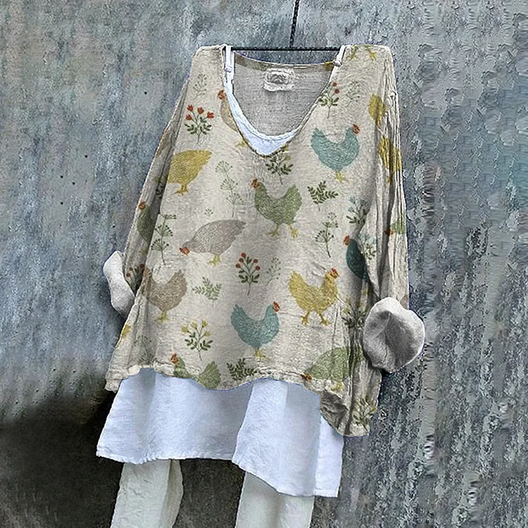 Comstylish Women's Vintage Chicken Pattern Cozy Linen Blend Tunic