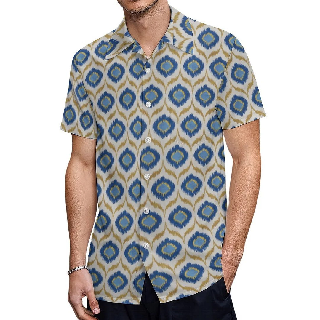 Short Sleeve Cool Gold And Blue Ikat Tribal Hawaiian Shirt Mens Button Down Plus Size Tropical Hawaii Beach Shirts