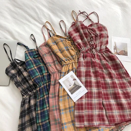 Plaid Strappy Midi A-line Dress SP17457