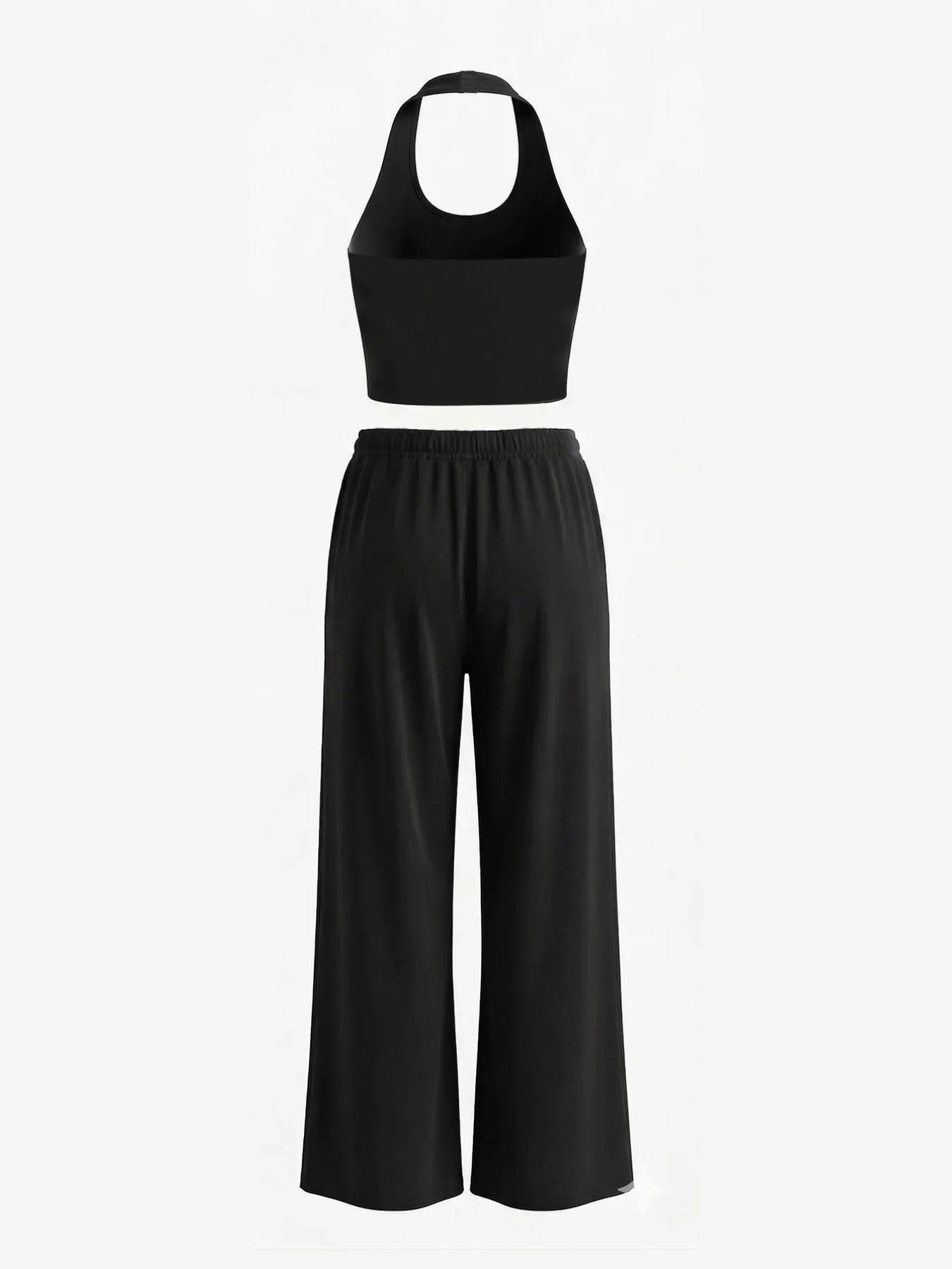 Summer New Women's Halter Neck Slimming Top & Wide-Leg Pants, Casual Backless Waist Cinch Crop Top & Drawstring Waist Pants, Womenswear