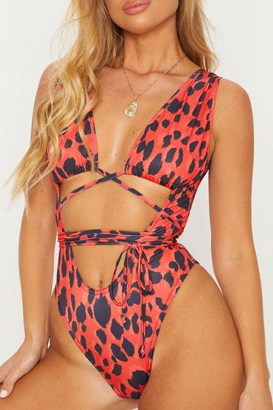 Low Back High Leg Cheetah Tie Straps Cutout Front One Piece Swimsuit - Shop Trendy Women's Clothing | LoverChic