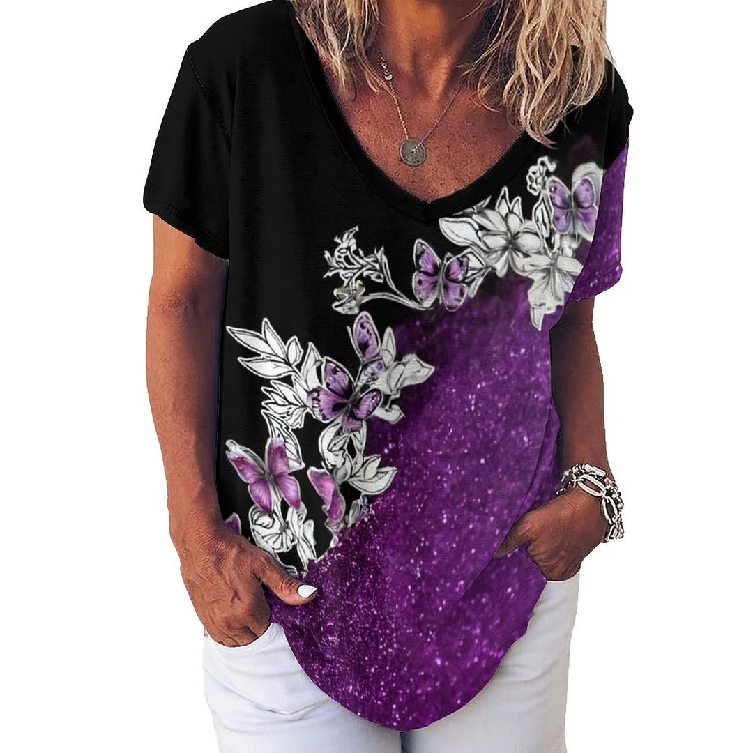 V-neck Short Sleeve Casual T-shirt for  Women Printed with Pattern Purple, Butterfly, Glitter, Black