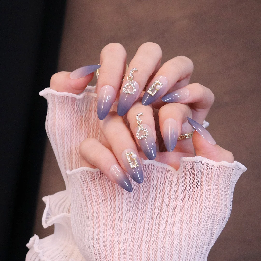 24PCS/box Mid-length  stiletto nail tips Gradients wear full cover paragraph fashion Manicure patch false fingernails for girls-Nail Inspo