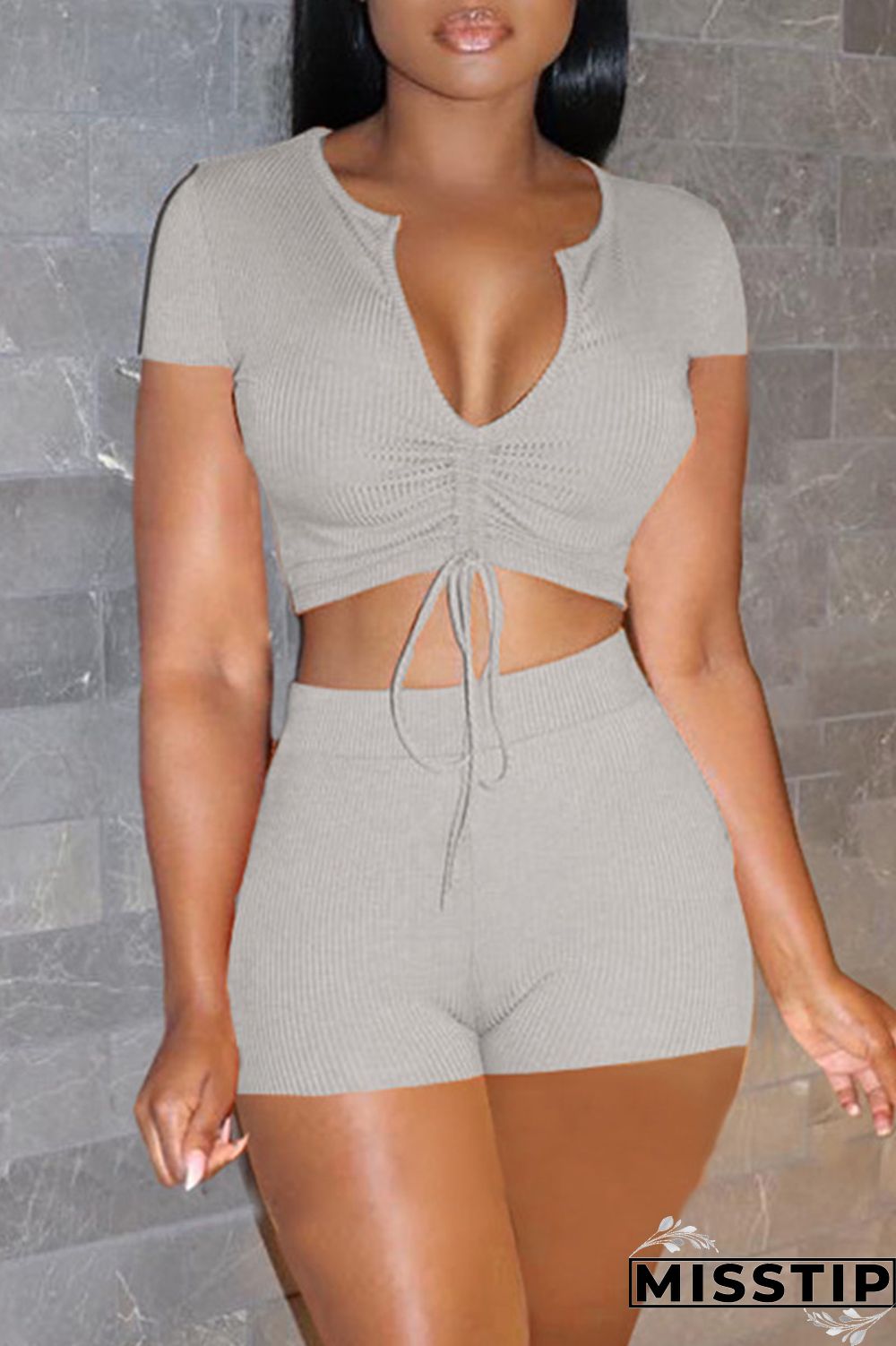Pink Fashion Casual Solid Draw String Frenulum V Neck Short Sleeve Two Pieces