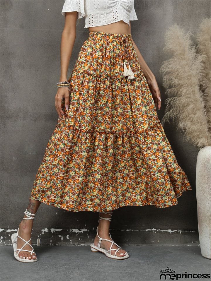 Bohemian Style Lady Spring Summer Flowers Print Beach Holiday Skirt