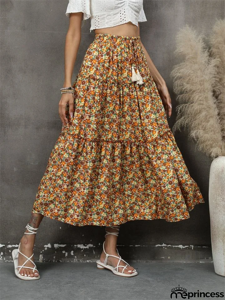 Bohemian Style Lady Spring Summer Flowers Print Beach Holiday Skirt