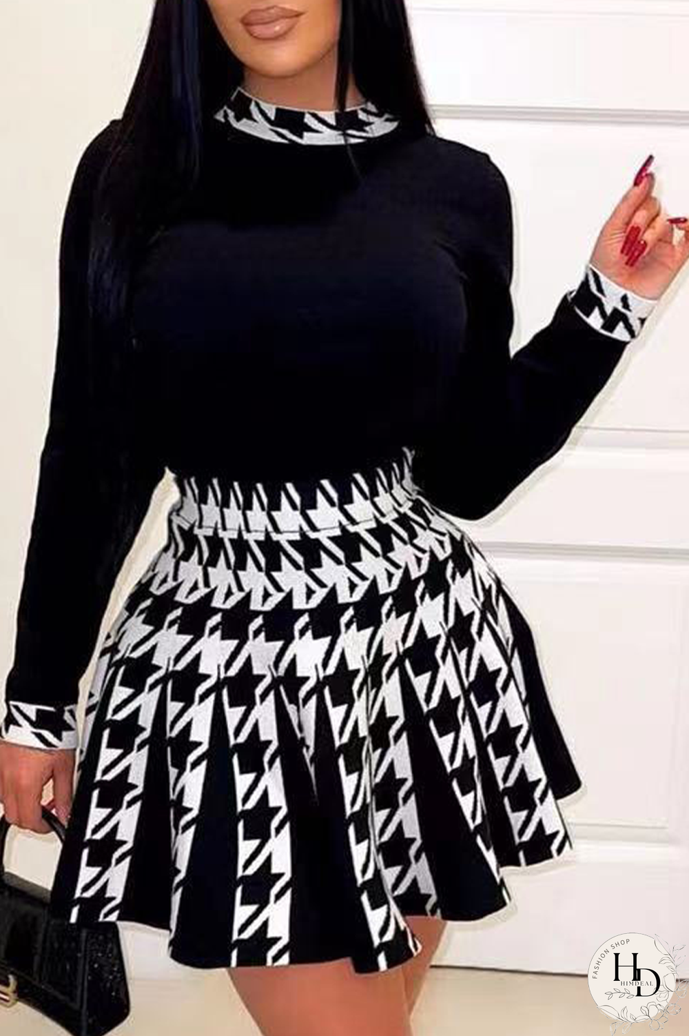 White Sexy Plaid Patchwork Half A Turtleneck Long Sleeve Two Pieces