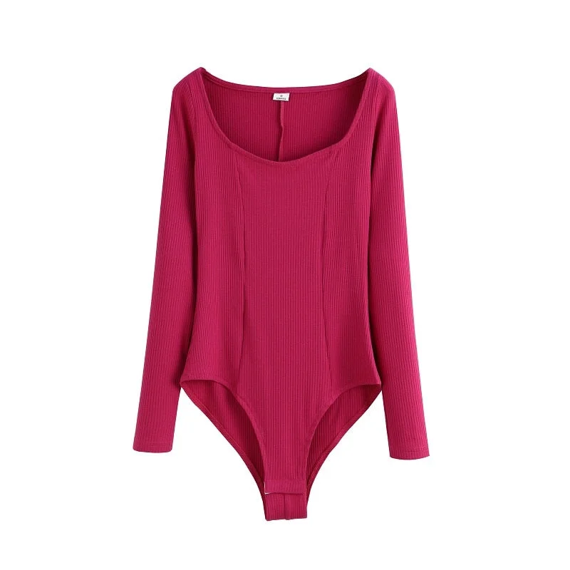 Toppies Sexy Slim Knitted Bodysuits Woman Long Sleeve Tops Deep U Collar Overalls Mesh Bodysuit