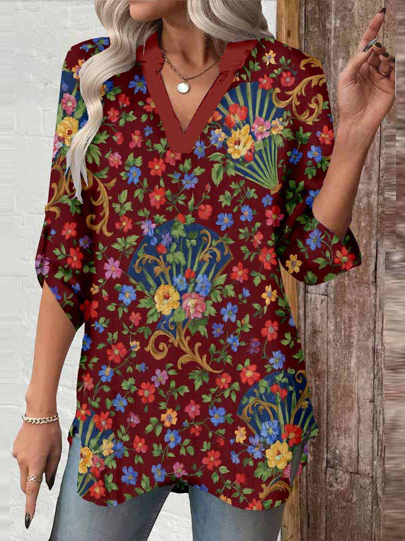Women Flowers, Red, Black DZGA0383 3/4 Sleeve V-neck Printed Graphic Button Tops