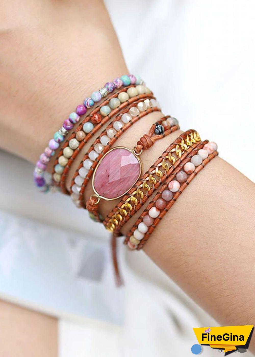 Boho Bracelet, 5 Layers Leather Wrap Bracelet, Pink Rhodonite