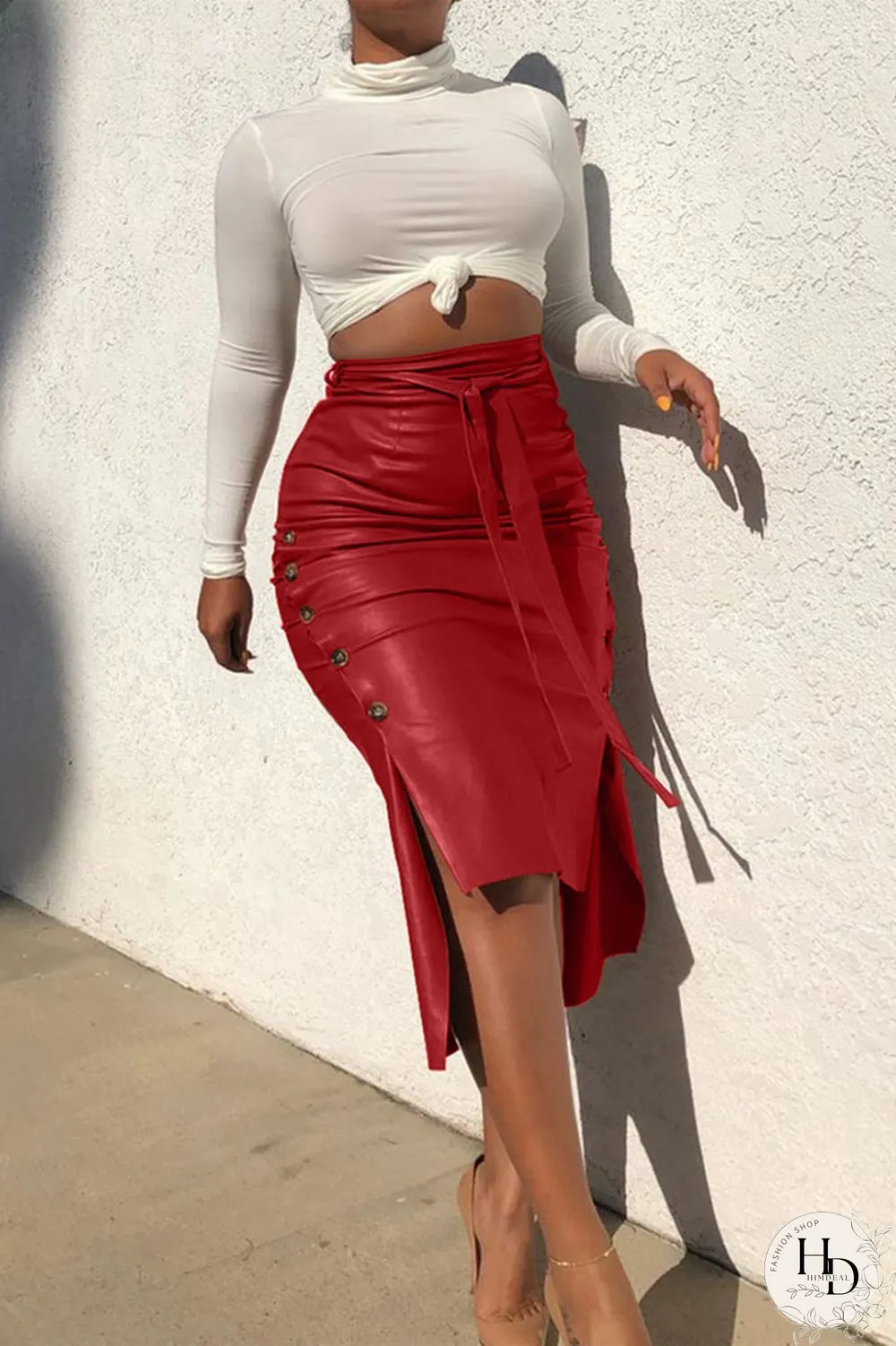 Brown Drawstring sleeveless high patchwork solid bandage split a-line skirt capri pants