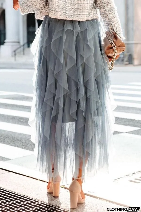 Allegro Ruffle Tulle Midi Skirt Grey Blue