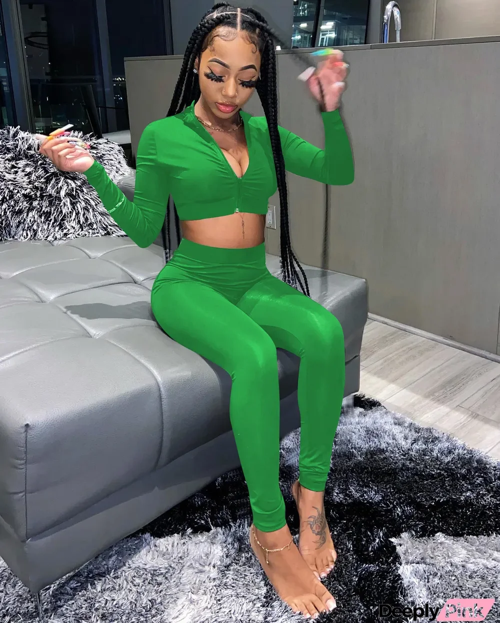 Womens Sexy Zip Long Sleeve Crop Top And Pant Two Piece