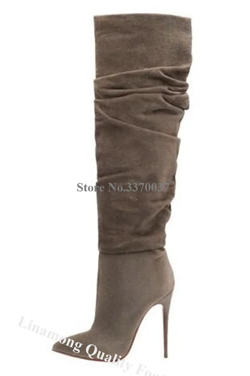 VCSHOES Pointed Toe Suede Leather Stiletto Heel Knee High Boots Side Zipper-up Long High Heel Boots Dress Heels Shoes