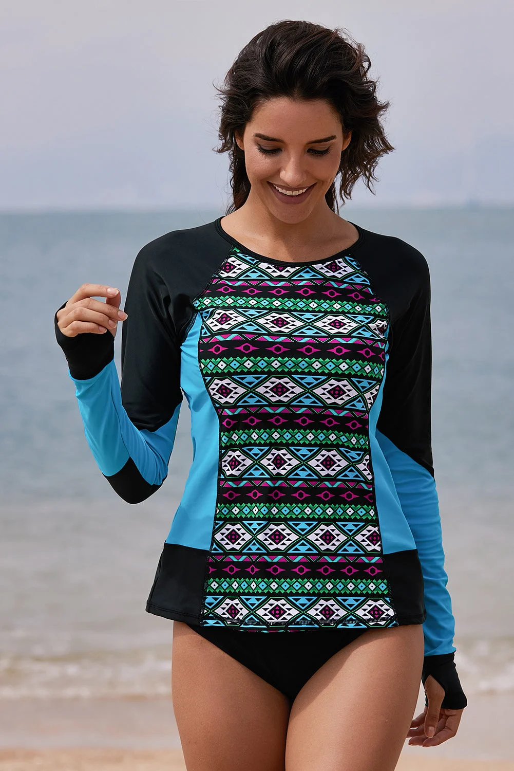 Buzzdaisy Blue Color Block Tribal Print Rashguard Top