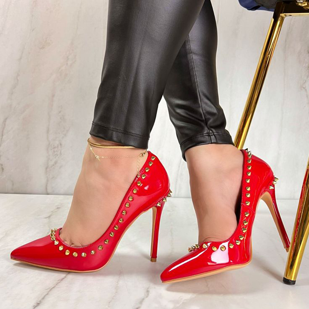 Red Patent Leather Closed Toe 4'' Stiletto Heel Studded Pumps Nicepairs