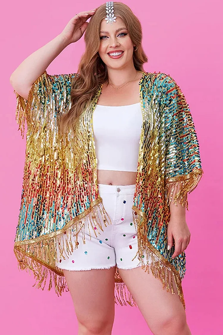 Xpluswear Design Plus Size Gold Party See-through Fringe Sequin Kimono Cardigans