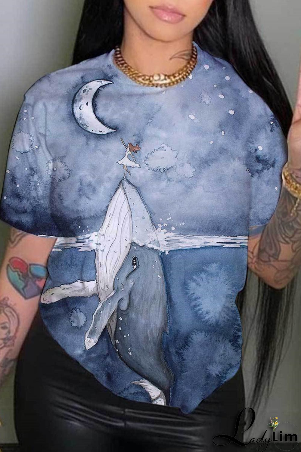 Blue Fashion Casual Print Basic O Neck T-Shirts