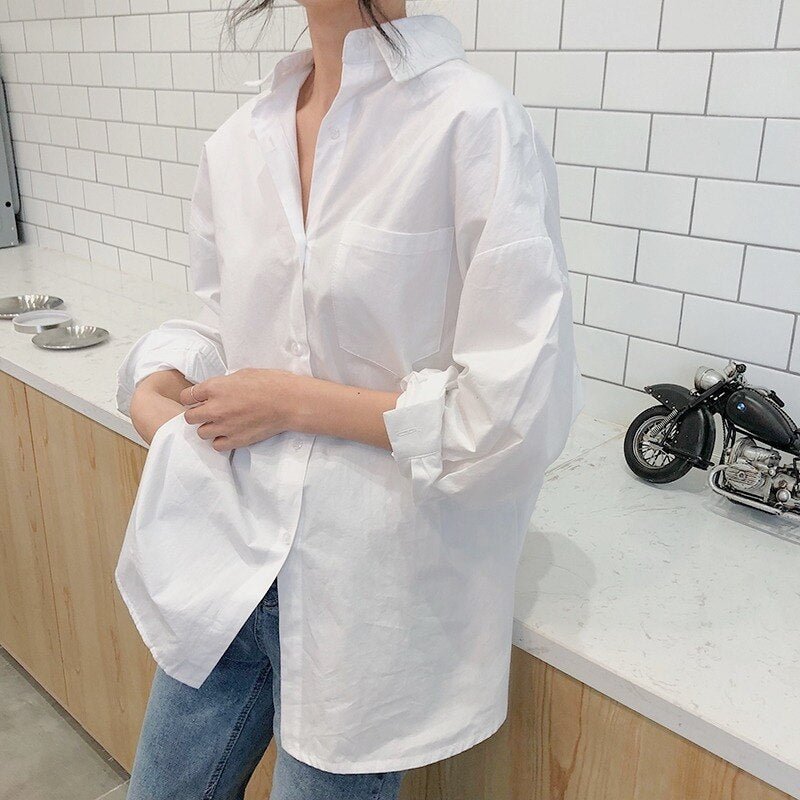 Casual Solid Loose Women Shirt Spring Elegant Clothes Autumn New Cotton White Blouse Women Vintage Long Sleeve Tops Blusas 11456