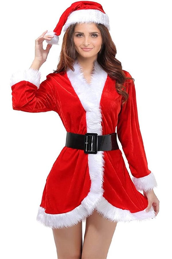Womens Fur Trim Long Sleeve Belt Christmas Santa Costume Red-elleschic