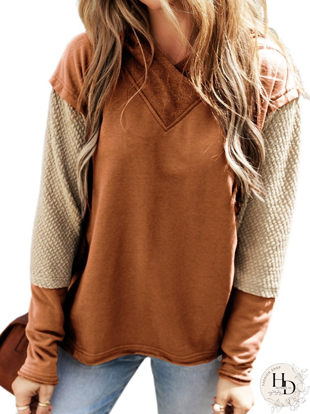 Chestnut Patchwork Colorblock Hoodie with Contrast Sleeves