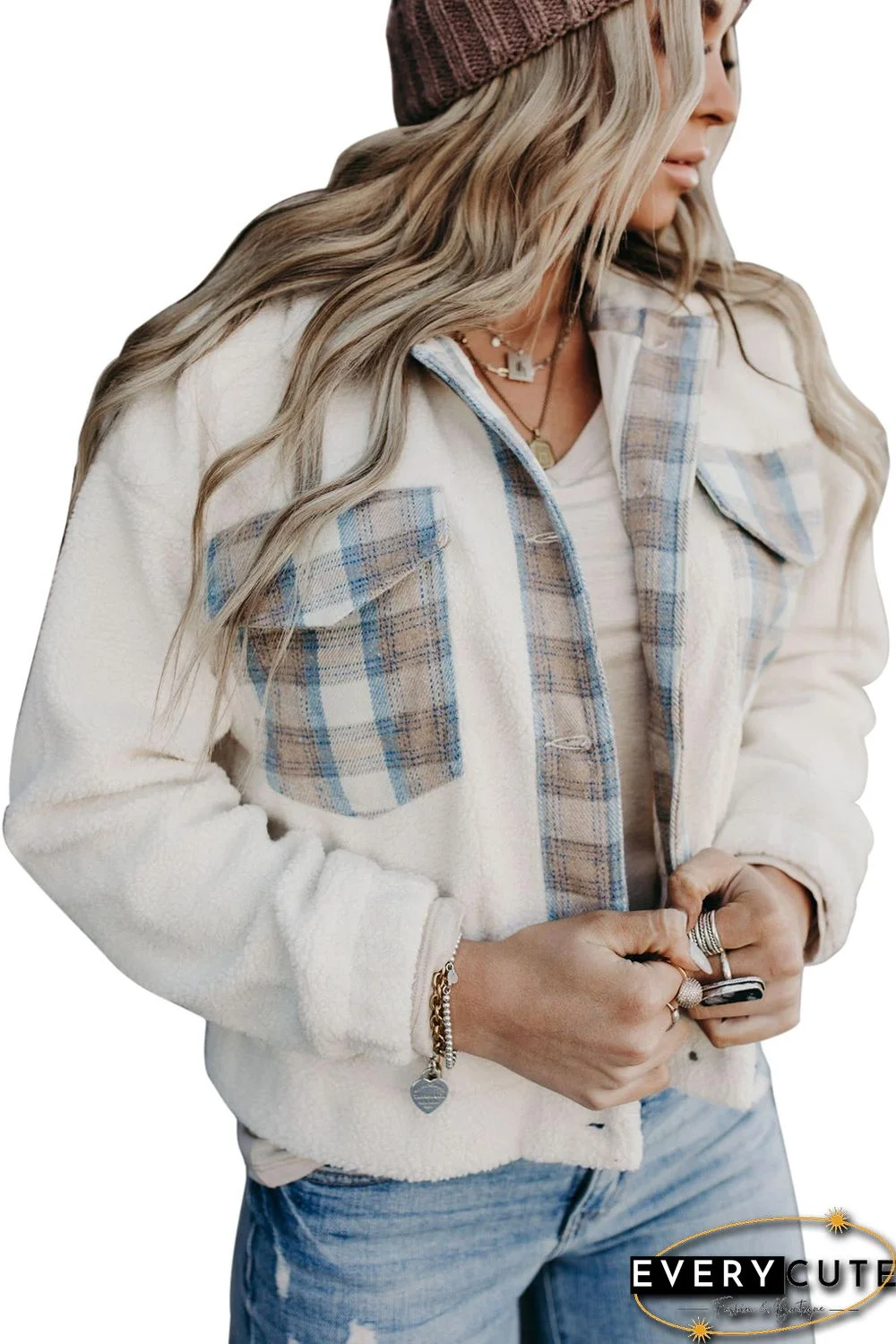 Beige Plaid Patchwork Buttoned Fleece Turn Down Collar Jacket